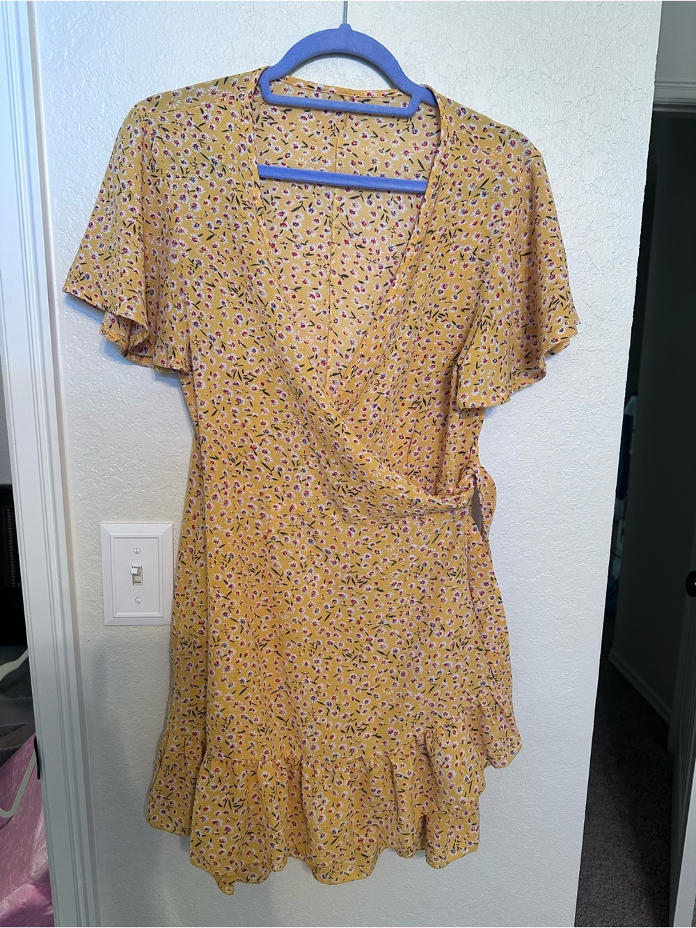 Flutter-Sleeve Wrap Dress in Mustard Floral
